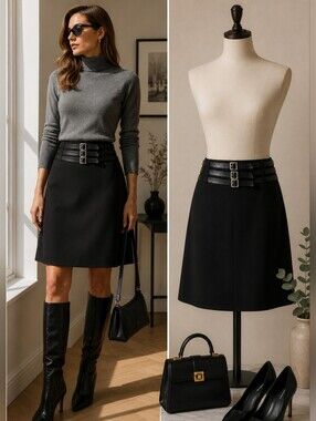 Georges Rech Virgin Wool A-Line Skirt Black Leather Trim EU 38 FR Designer